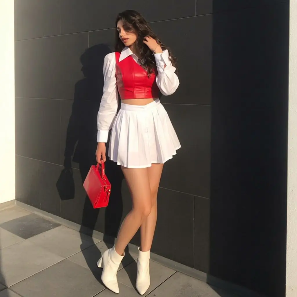 summer business casual outfit for women 2026 Bold red vest with pleated skirt statement summer confidence