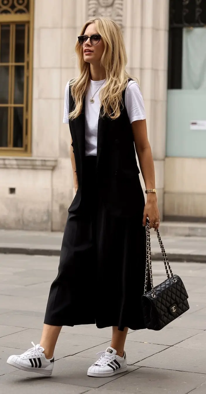 summer business casual outfit for women 2026 Layered black vest dress with sporty sneakers contrast