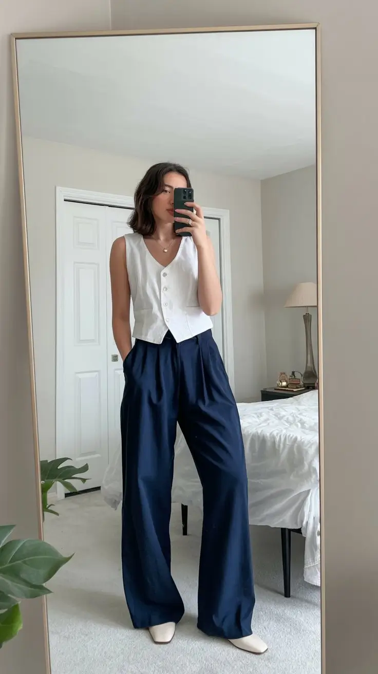 summer business casual outfit for women 2026 White vest with wide navy trousers quiet tailored elegance