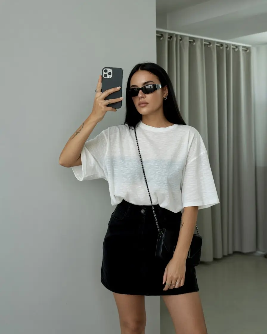 summer business casual outfit for women 2026 Minimal white tee with a structured mini skirt balance