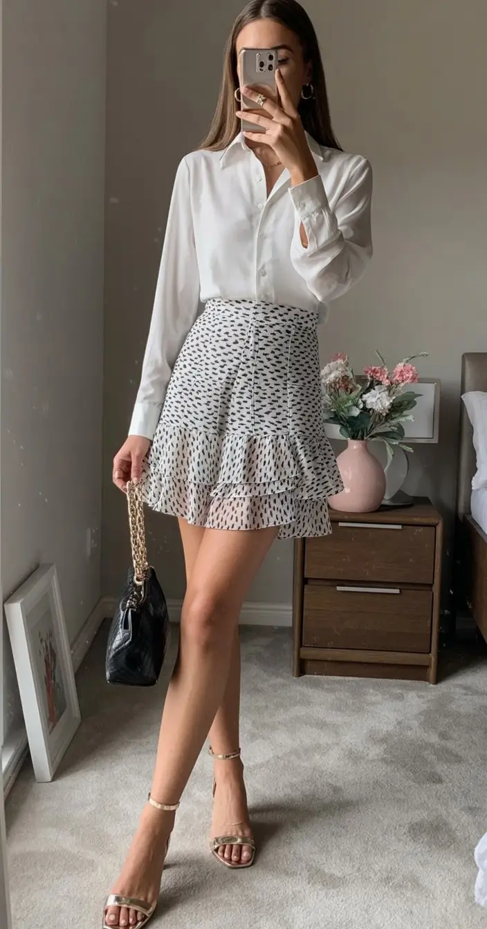 summer business casual outfit for women 2026 Classic white shirt with patterned mini skirt feminine work charm