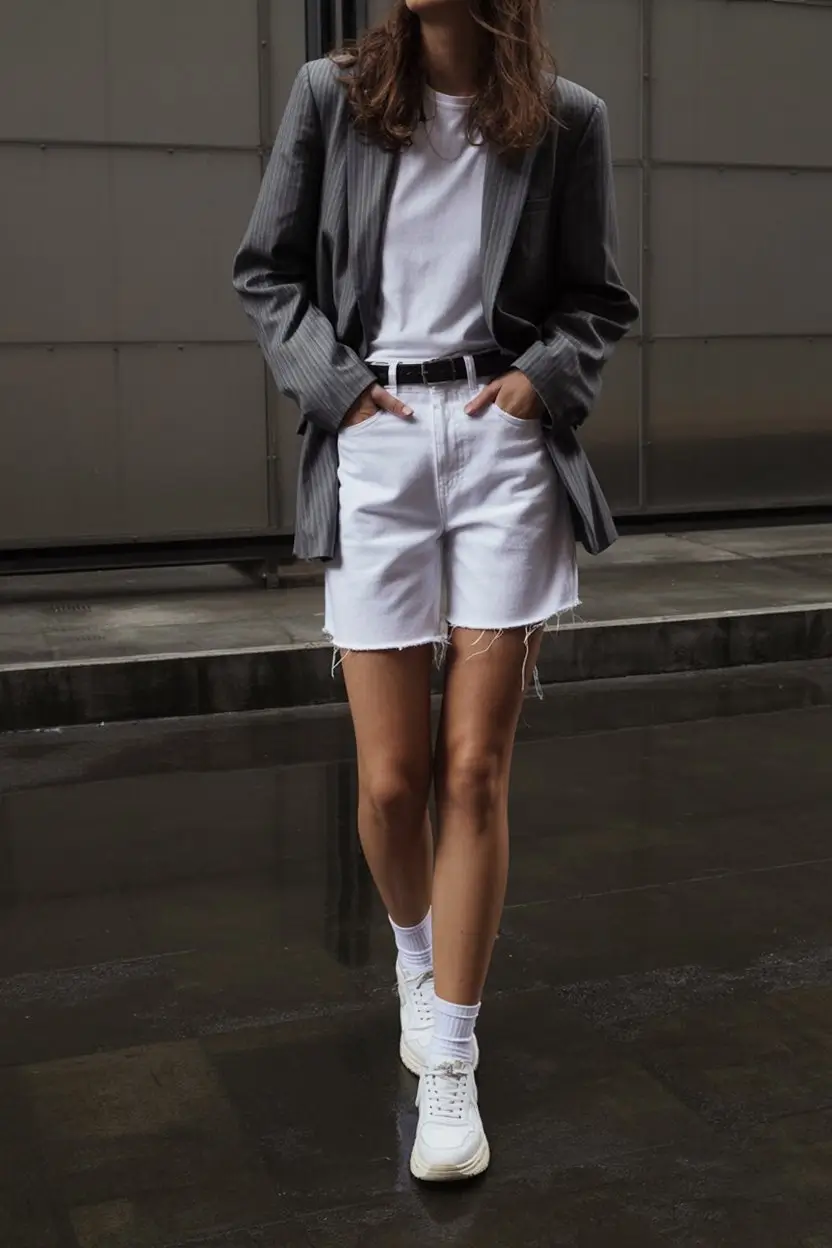 summer business casual outfit for women 2026 Oversized blazer with denim shorts relaxed structured mix