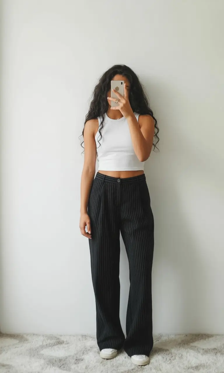 summer business casual outfit for women 2026 Lightweight crop top with pinstripe trousers quiet confidence