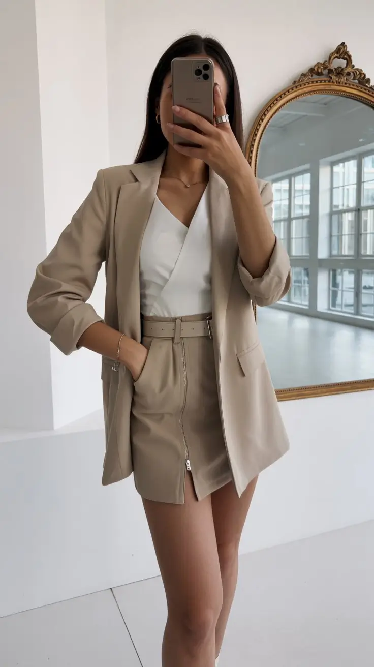 summer business casual outfit for women 2026 Beige blazer with mini skirt clean modern office look