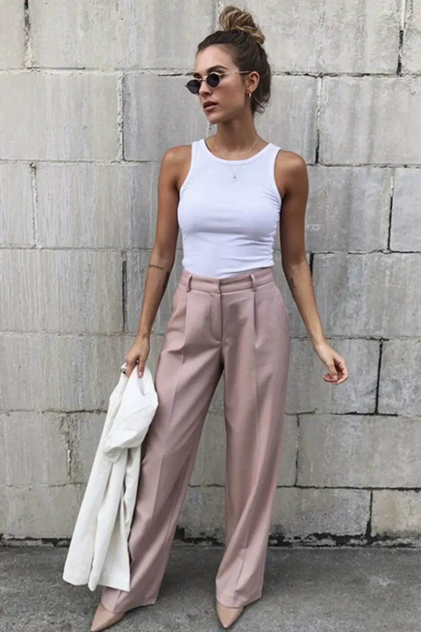 summer business casual outfit for women 2026 Soft pink trousers with a simple tank quiet summer elegance
