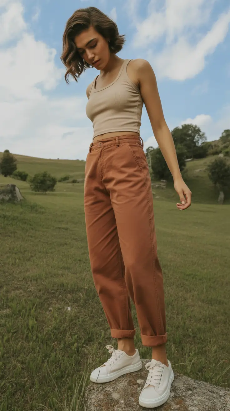 summer camping outfits for women 2026 Earthy minimal outfit with soft structure and warm tones