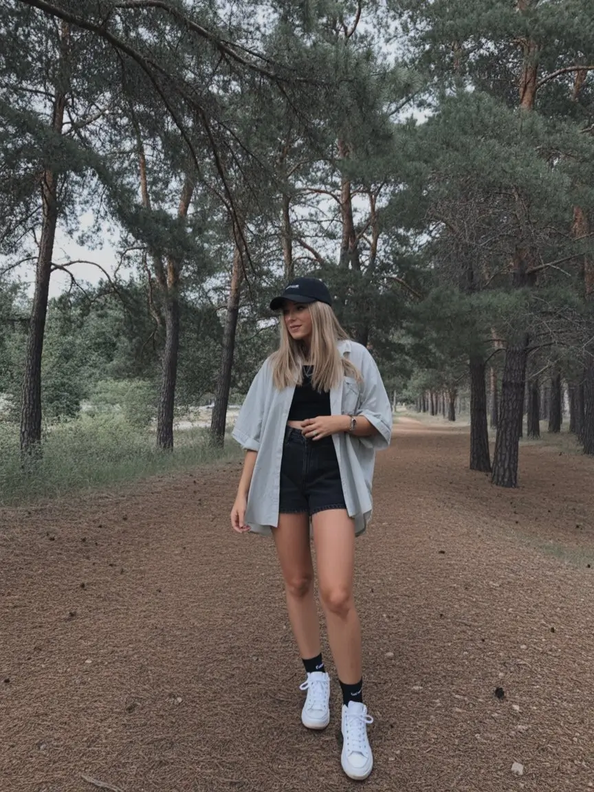 summer camping outfits for women 2026 Easy forest walk outfit with relaxed oversized layering
