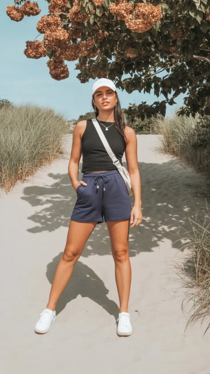 summer camping outfits for women 2026 Sporty minimal outfit with summer heat ready simplicity