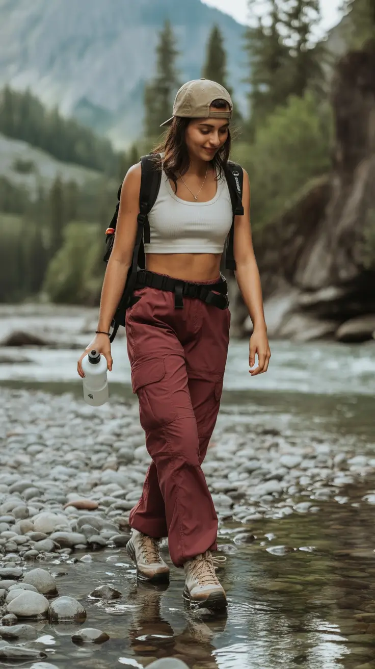 summer camping outfits for women 2026 River trail outfit with rugged details and functional layering