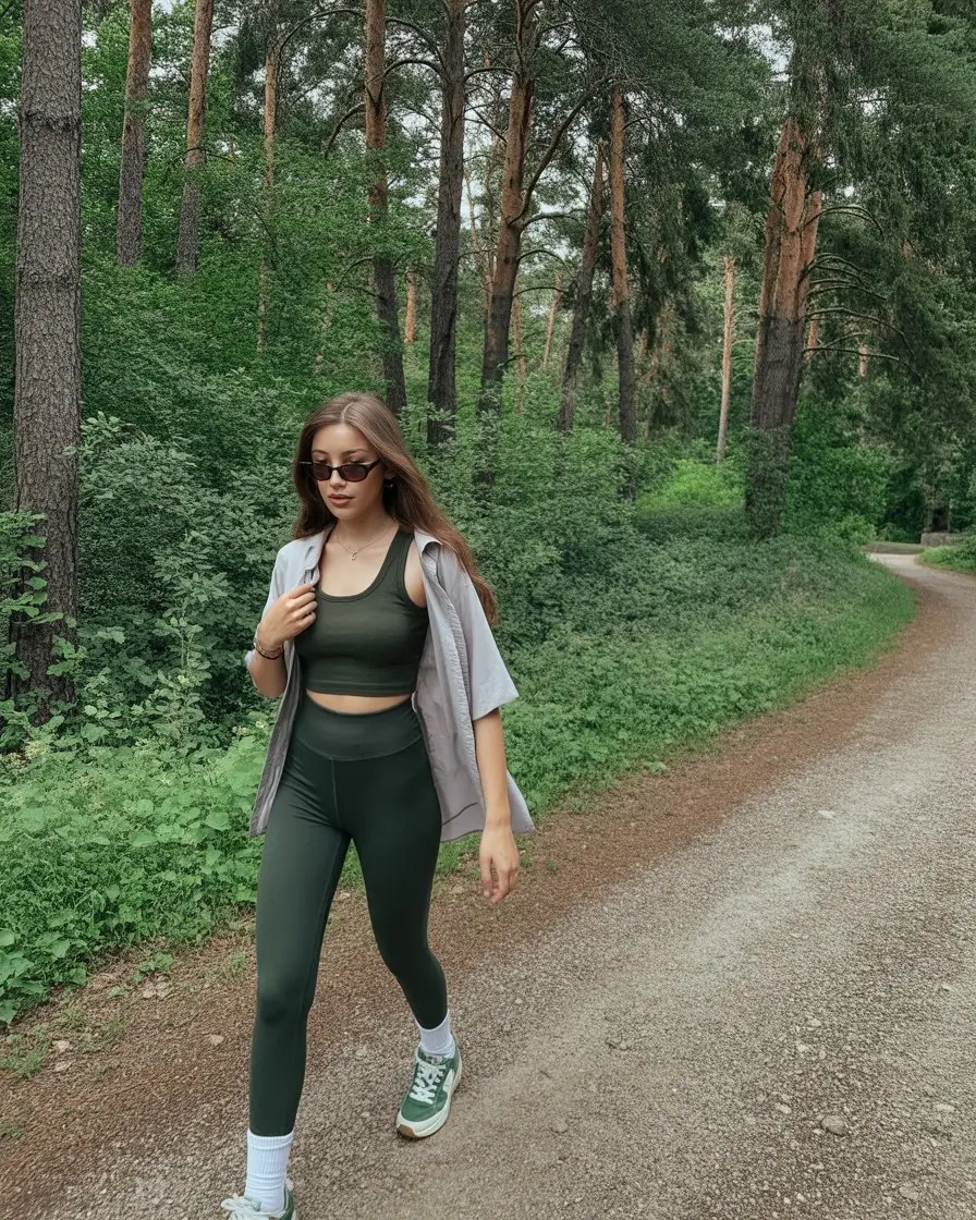 summer camping outfits for women 2026 Deep green active set with a sleek outdoors aesthetic