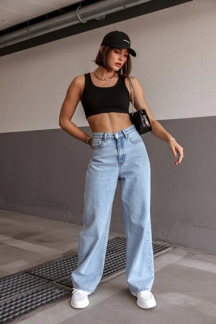 summer crop top outfits for women 2026 High waist denim and black crop top casual confidence