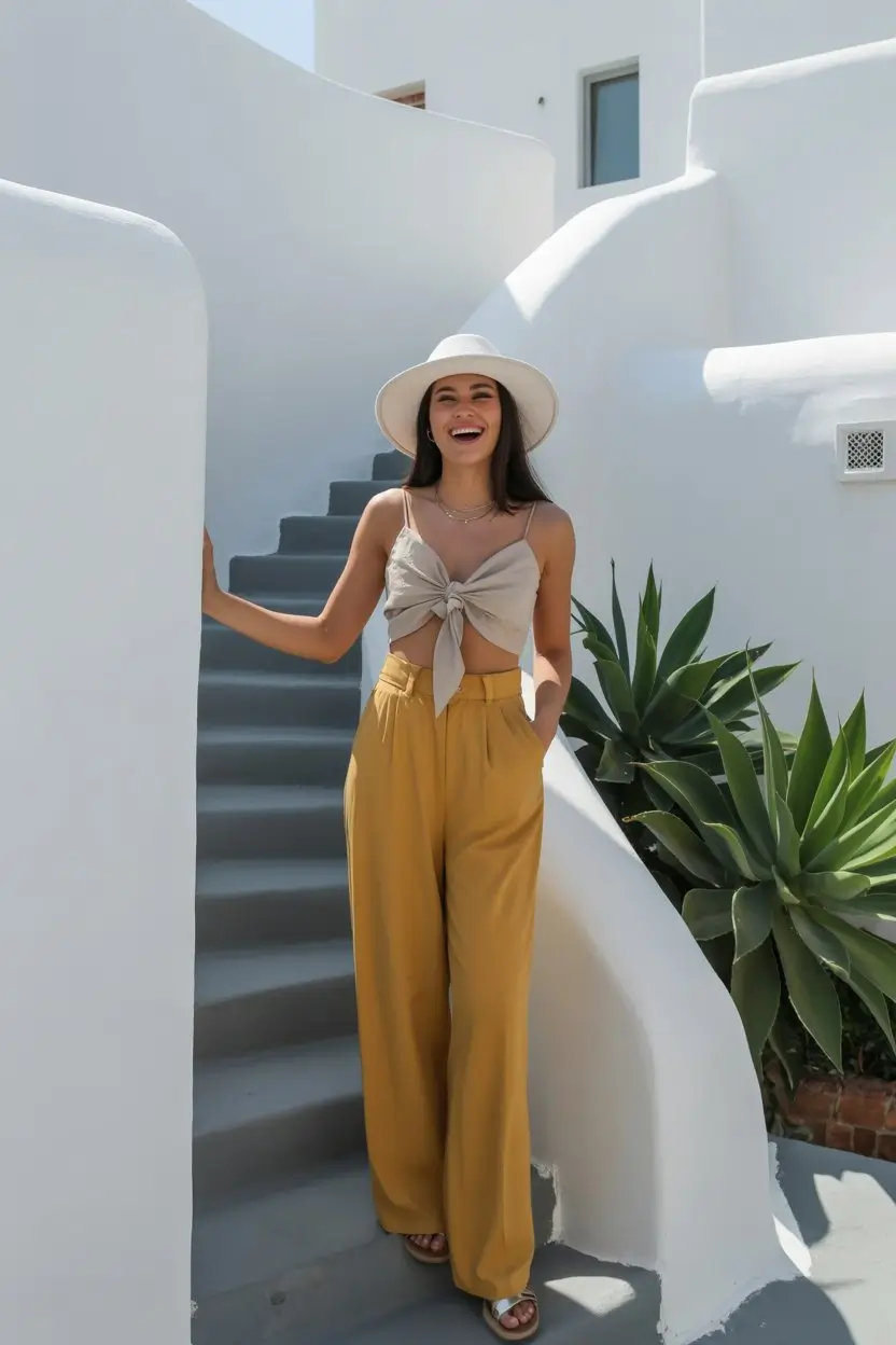 summer crop top outfits for women 2026 Tie front crop top and wide leg pants relaxed vacation look