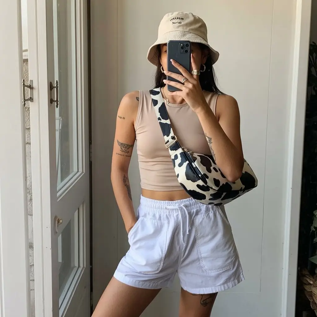 summer crop top outfits for women 2026 Sporty neutral crop top and white shorts casual summer energy