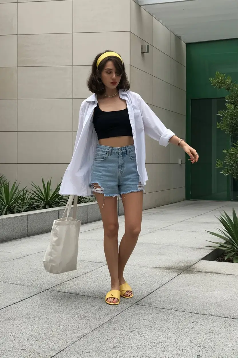 summer crop top outfits for women 2026 Black crop top and denim shorts with light shirt easy summer layering
