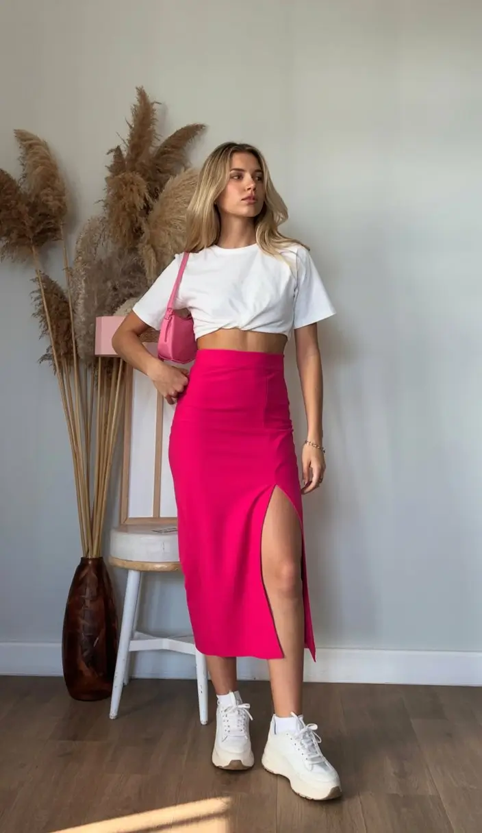 summer crop top outfits for women 2026 White crop top and bright pink long skirt statement summer style