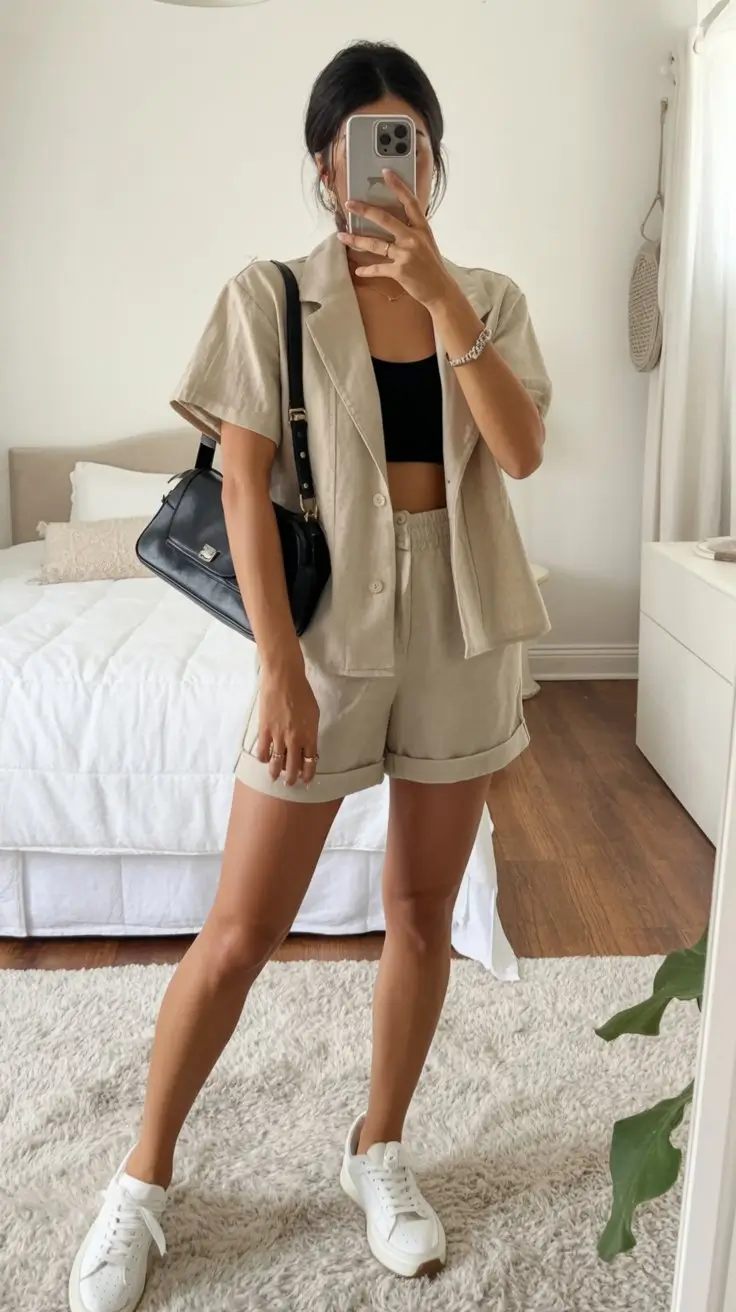 summer crop top outfits for women 2026 Neutral linen set with crop top relaxed summer layering