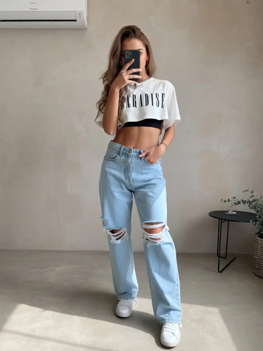 summer crop top outfits for women 2026 Graphic crop tee and ripped high waist jeans relaxed street vibe