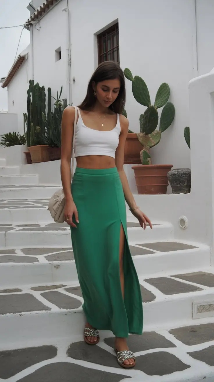 summer crop top outfits for women 2026 White crop top and flowing green long skirt summer elegance