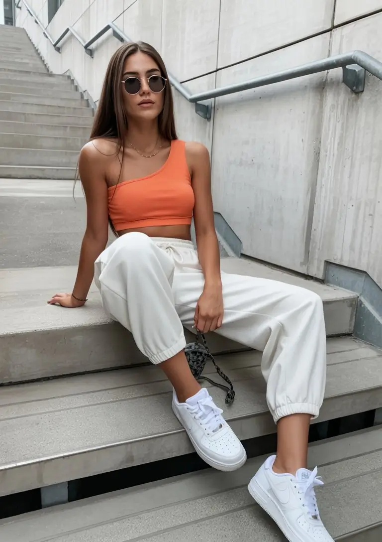 summer crop top outfits for women 2026 Sporty orange crop top and relaxed jogger pants street style