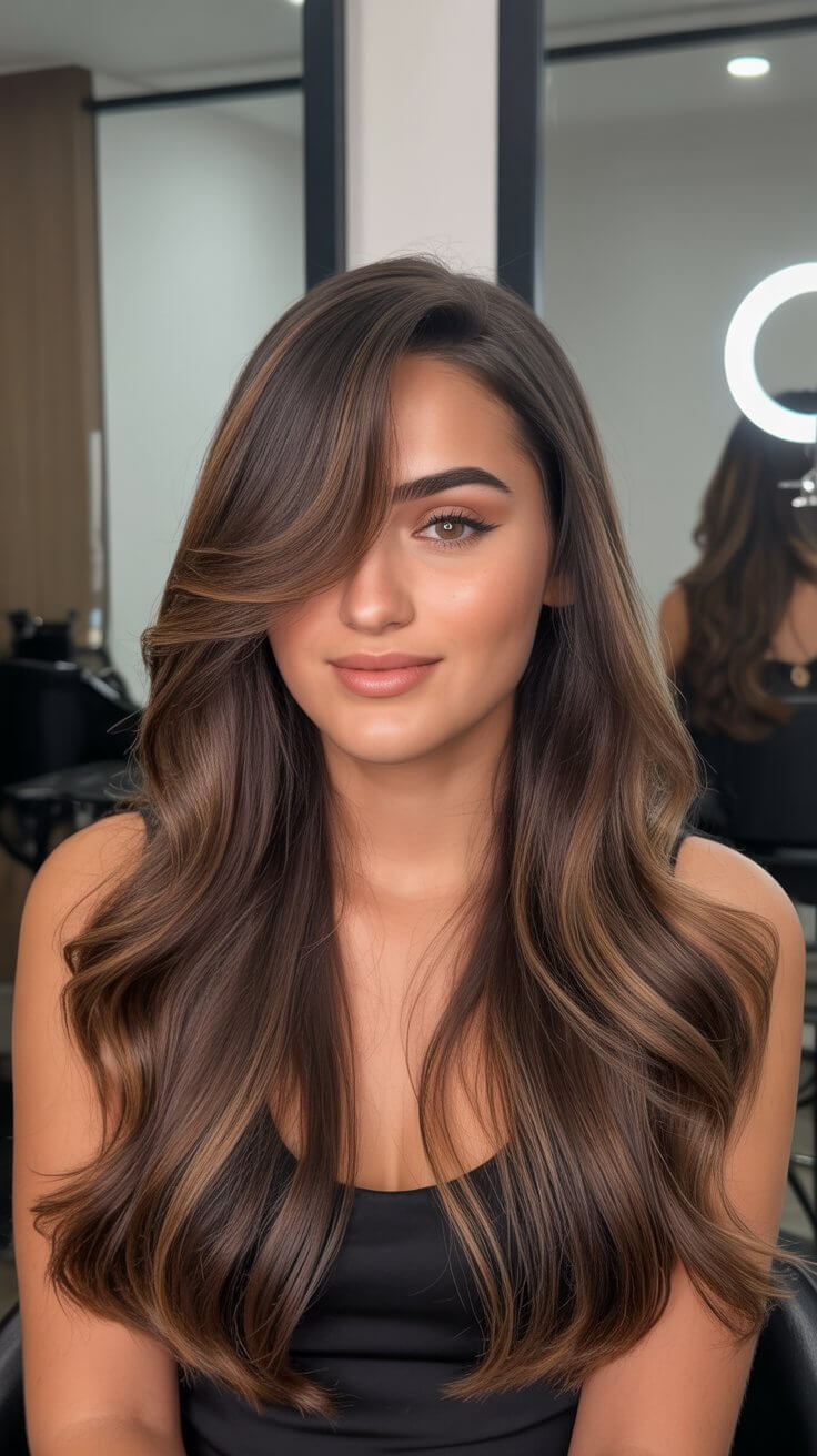 summer espresso brunette hair color for women 2026 polished espresso layers with soft side sweep