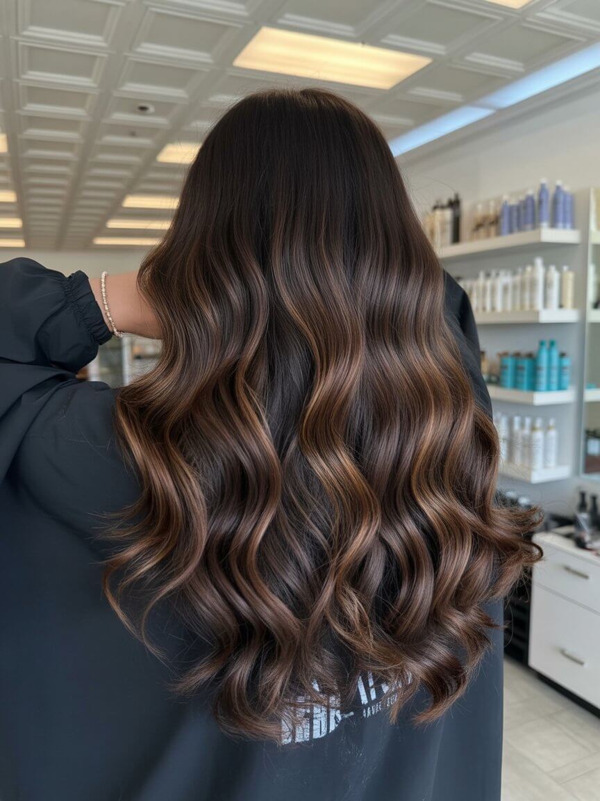 summer espresso brunette hair color for women 2026 deep espresso waves with seamless ribbon highlights