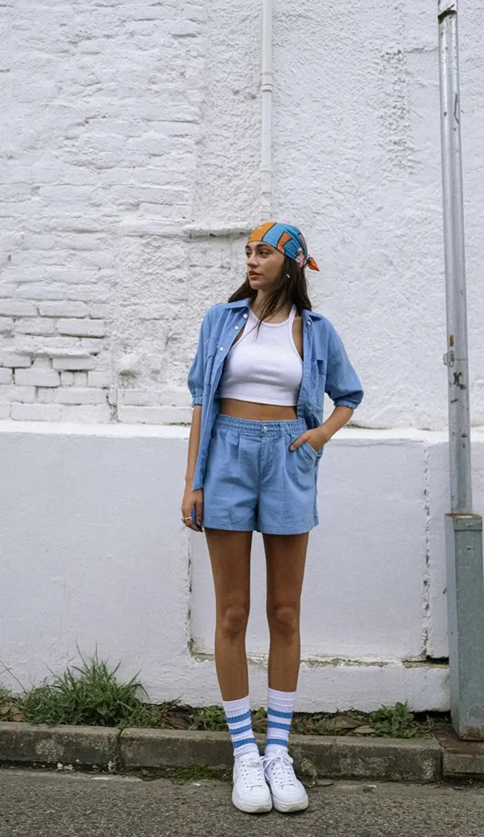 summer fashion outfits for women 2026 Sporty blue set with playful 90s street style influence