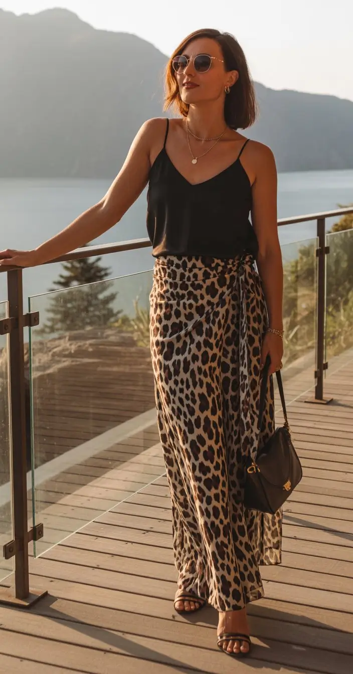 summer fashion outfits for women 2026 Leopard print skirt with sleek black top for bold summer evenings