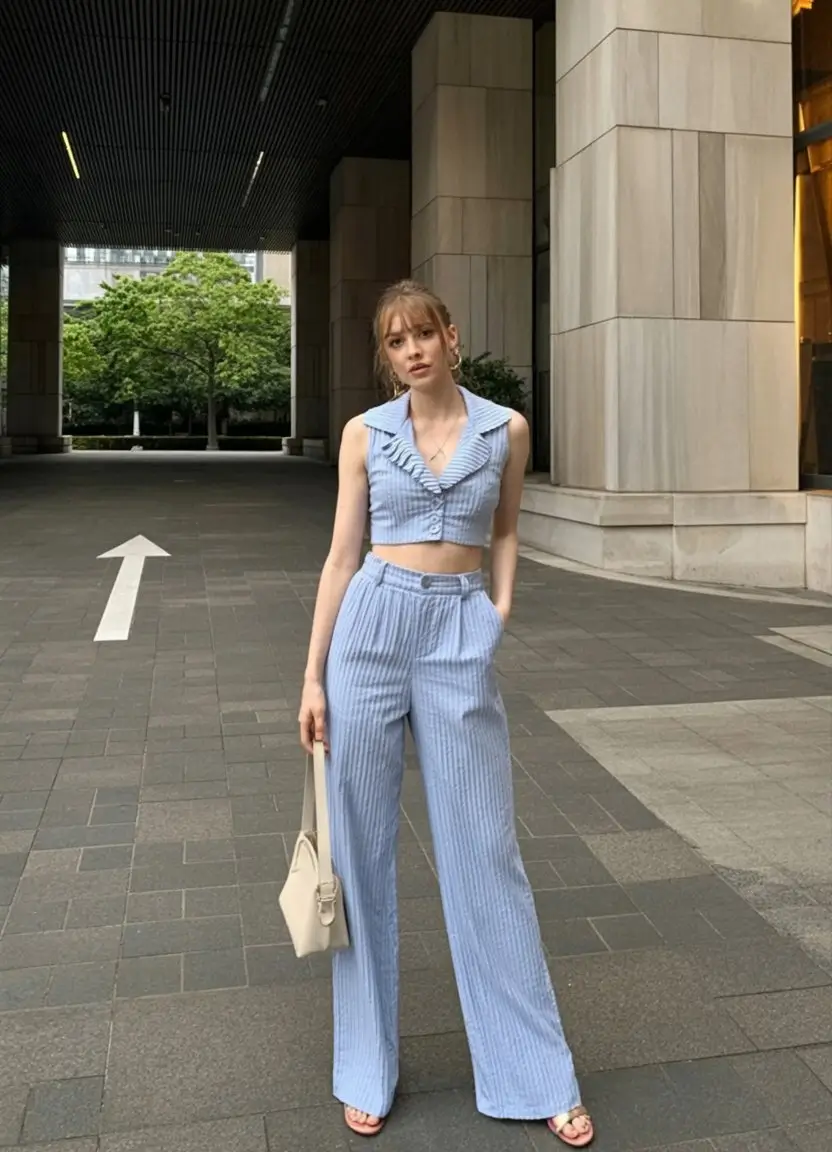 summer fashion outfits for women 2026 Light blue striped set with relaxed modern city elegance