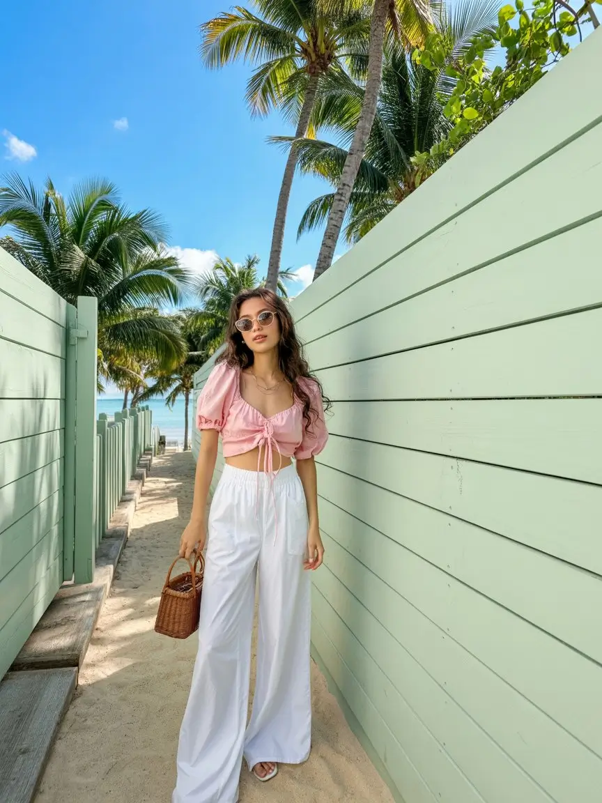 summer fashion outfits for women 2026 Soft pink top with wide white pants for airy summer balance