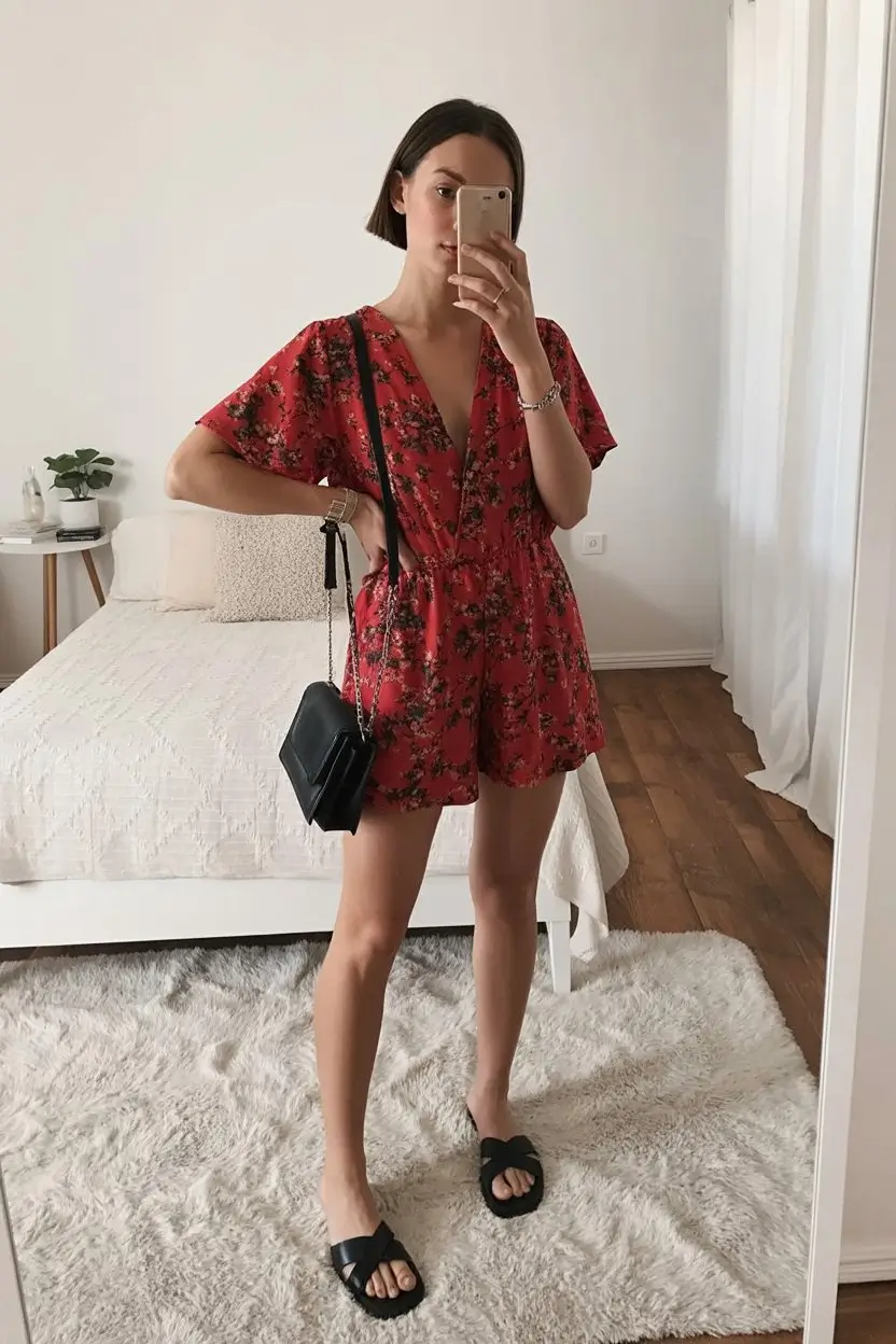 summer fashion outfits for women 2026 Lightweight red floral romper with relaxed everyday charm