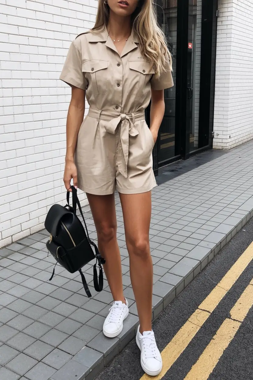 summer fashion outfits for women 2026 Utility inspired beige romper with clean structured lines