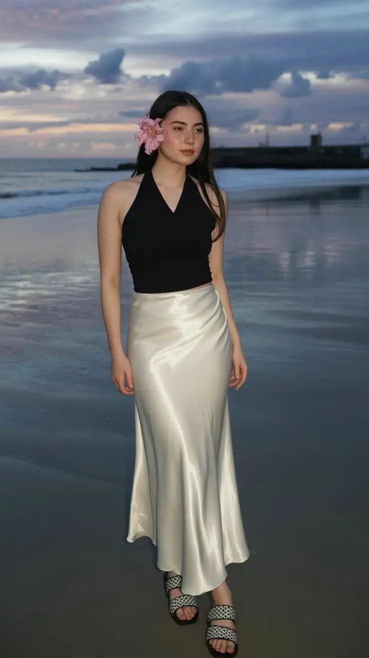 summer fashion outfits for women 2026 Silky skirt and halter top for soft evening minimalism