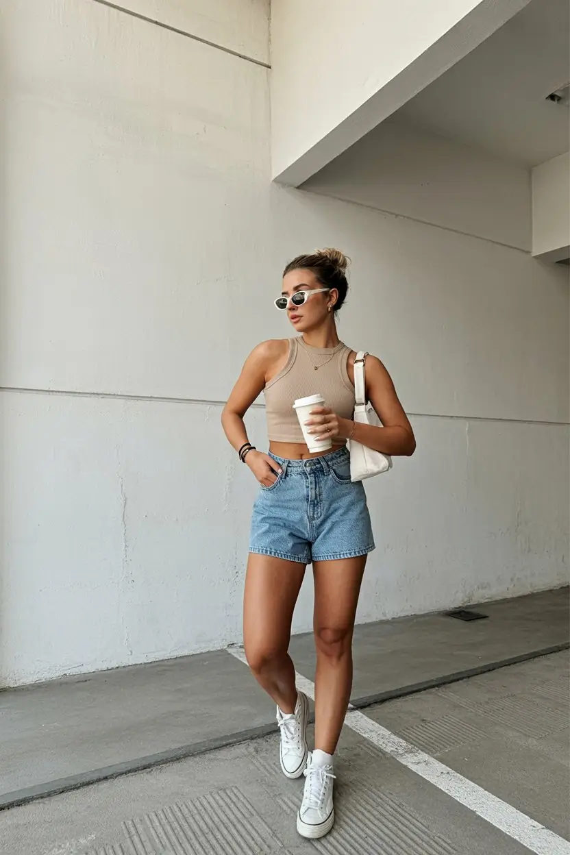 summer fashion outfits for women 2026 Relaxed city casual with denim shorts and a clean silhouette