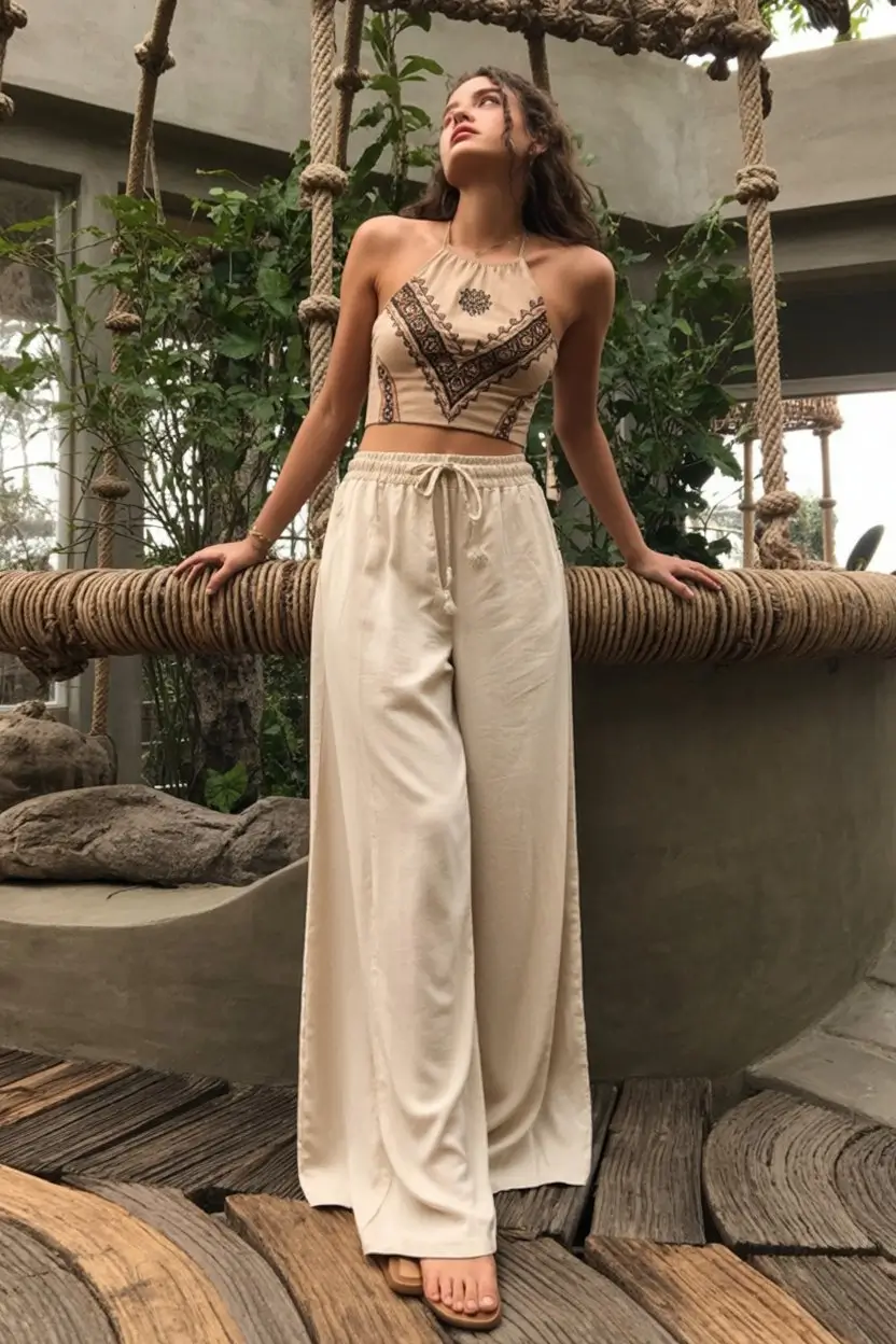 summer fashion outfits for women 2026 Light neutral set with wide leg pants for a modern boho summer