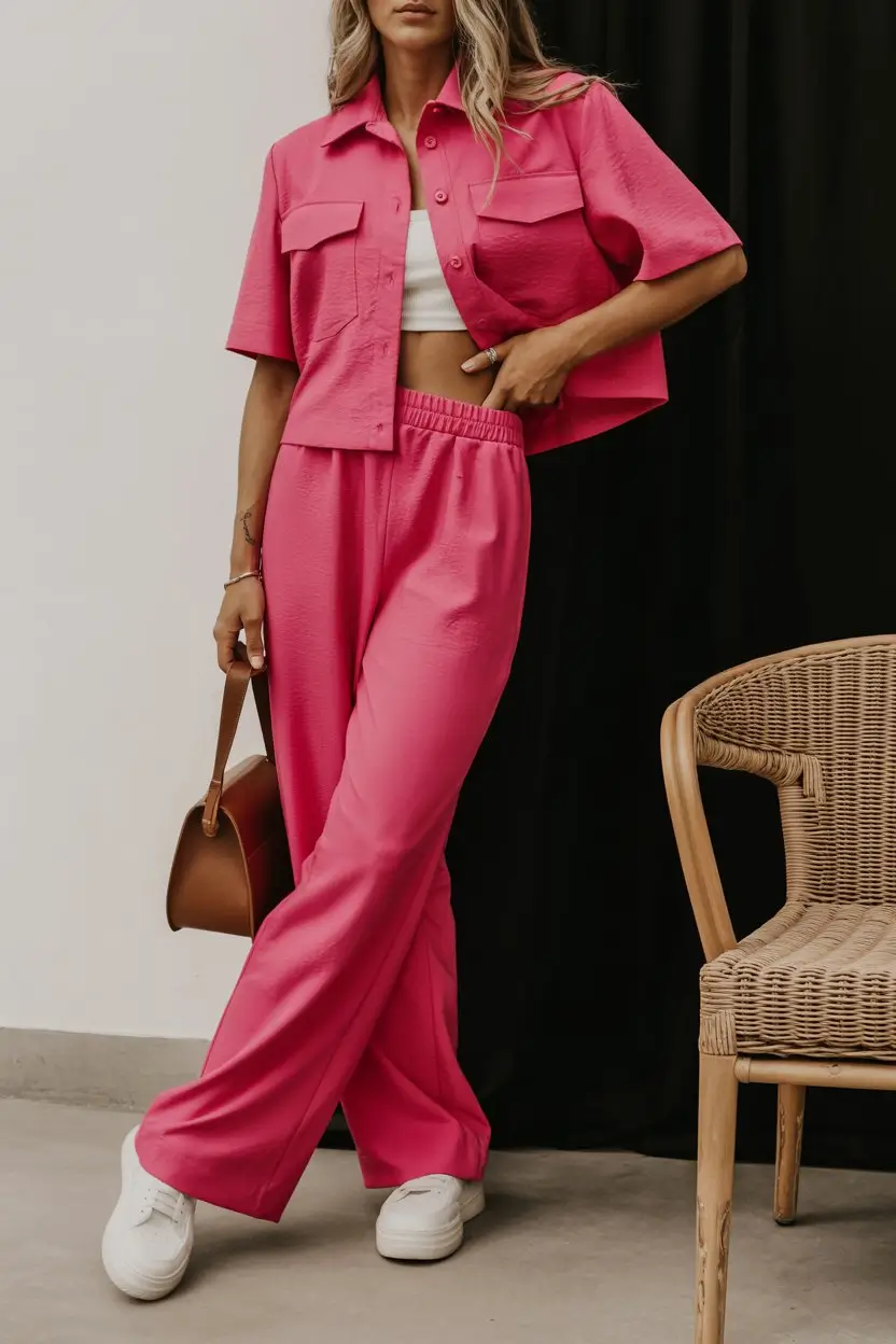 summer fashion outfits for women 2026 Bright pink matching set with sporty confident energy
