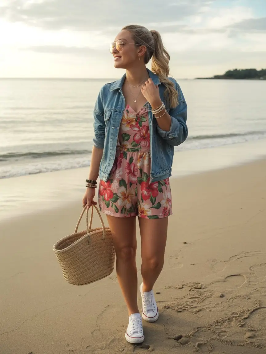 summer fashion outfits for women 2026 Floral romper with denim jacket for relaxed beach days