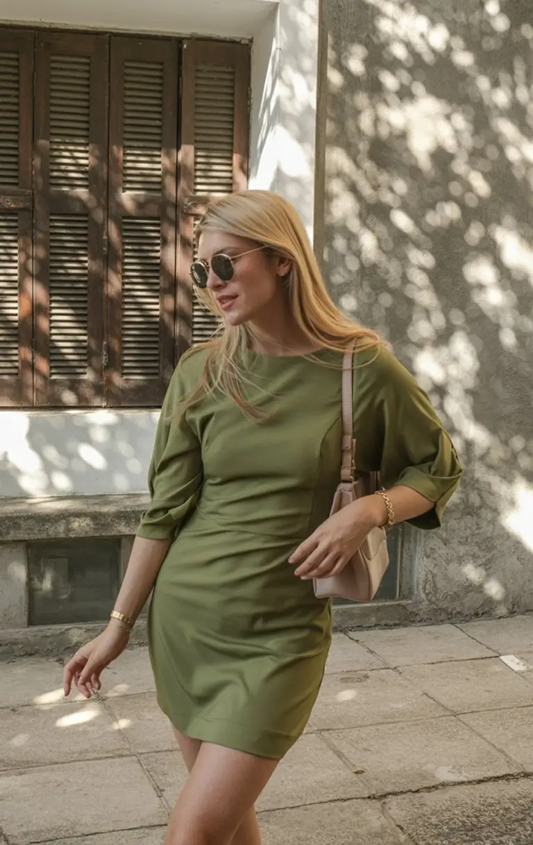 summer fashion outfits for women 2026 Minimal olive dress with understated modern elegance