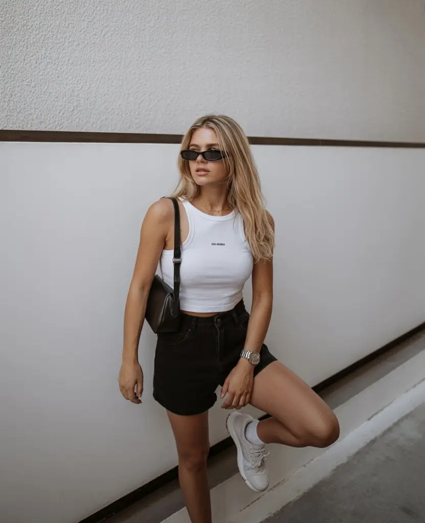 summer gym for women 2026 Clean white tank with black shorts minimal contrast