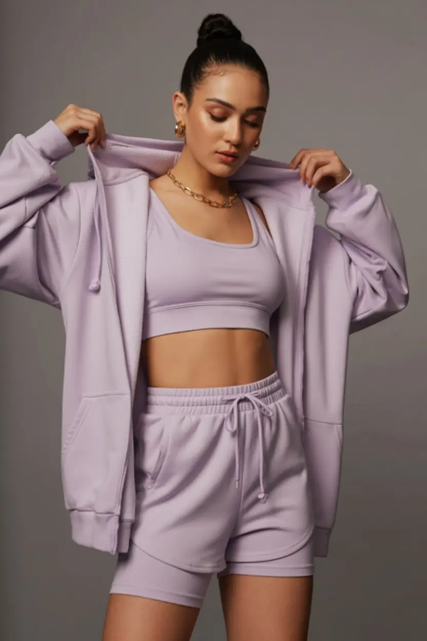 summer gym for women 2026 Lavender lounge set with soft feminine mood