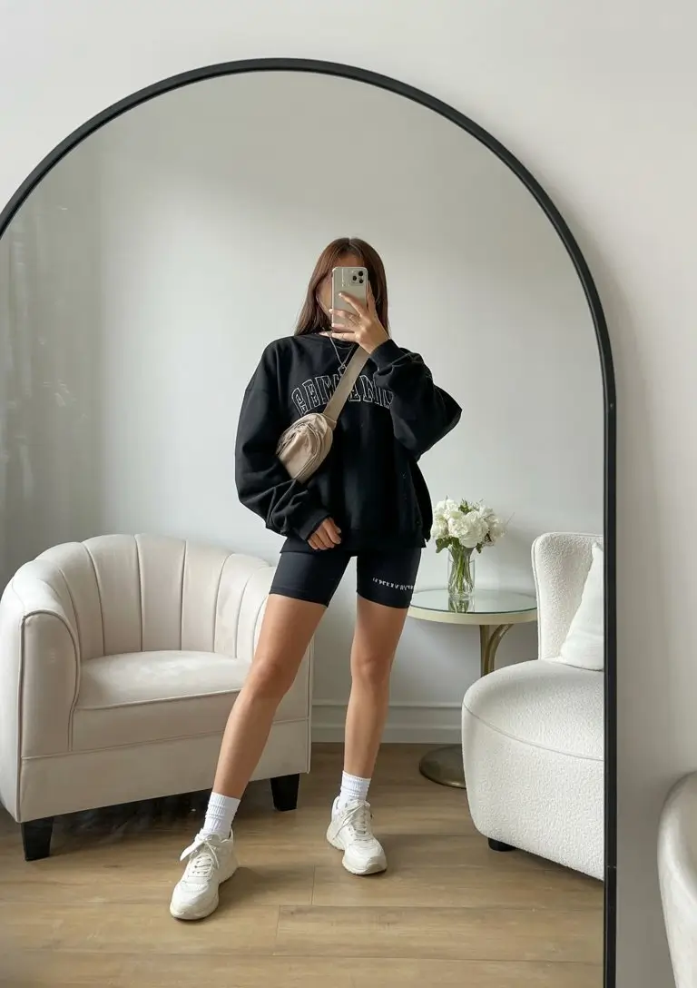 summer gym for women 2026 Oversized sweatshirt and biker shorts balance