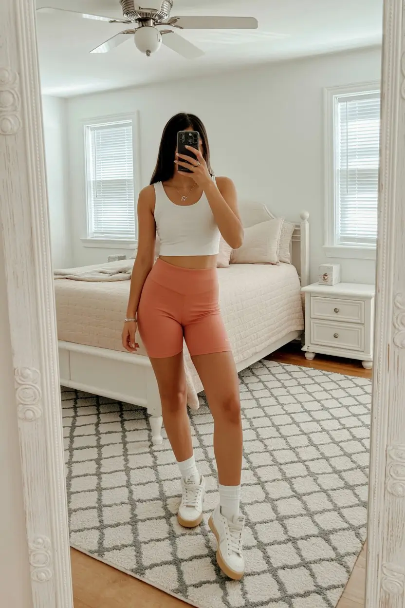 summer gym for women 2026 Soft neutrals and feminine biker shorts mood