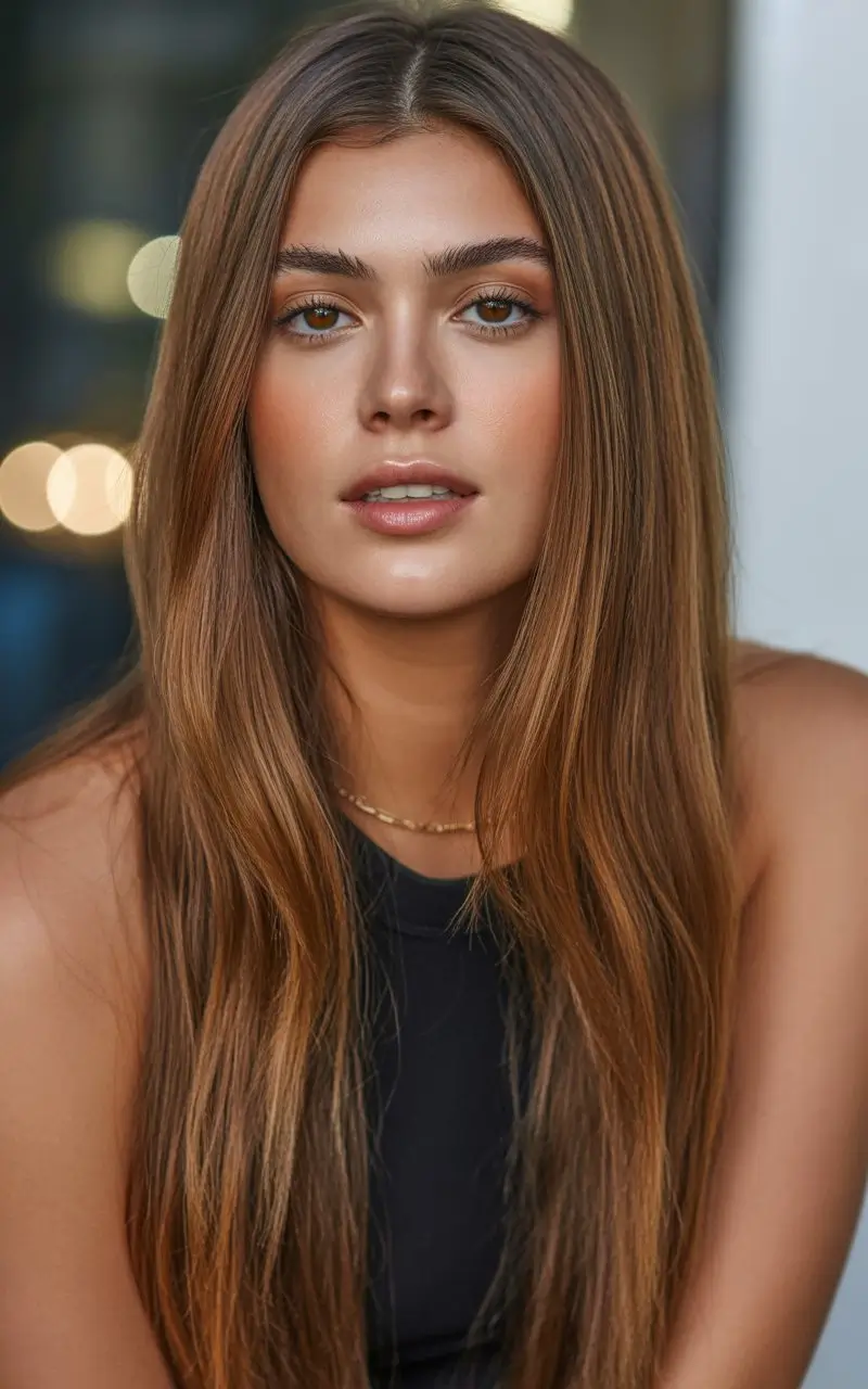 summer hair color for brown skin women 2026 Warm honey brown with a sleek natural flow
