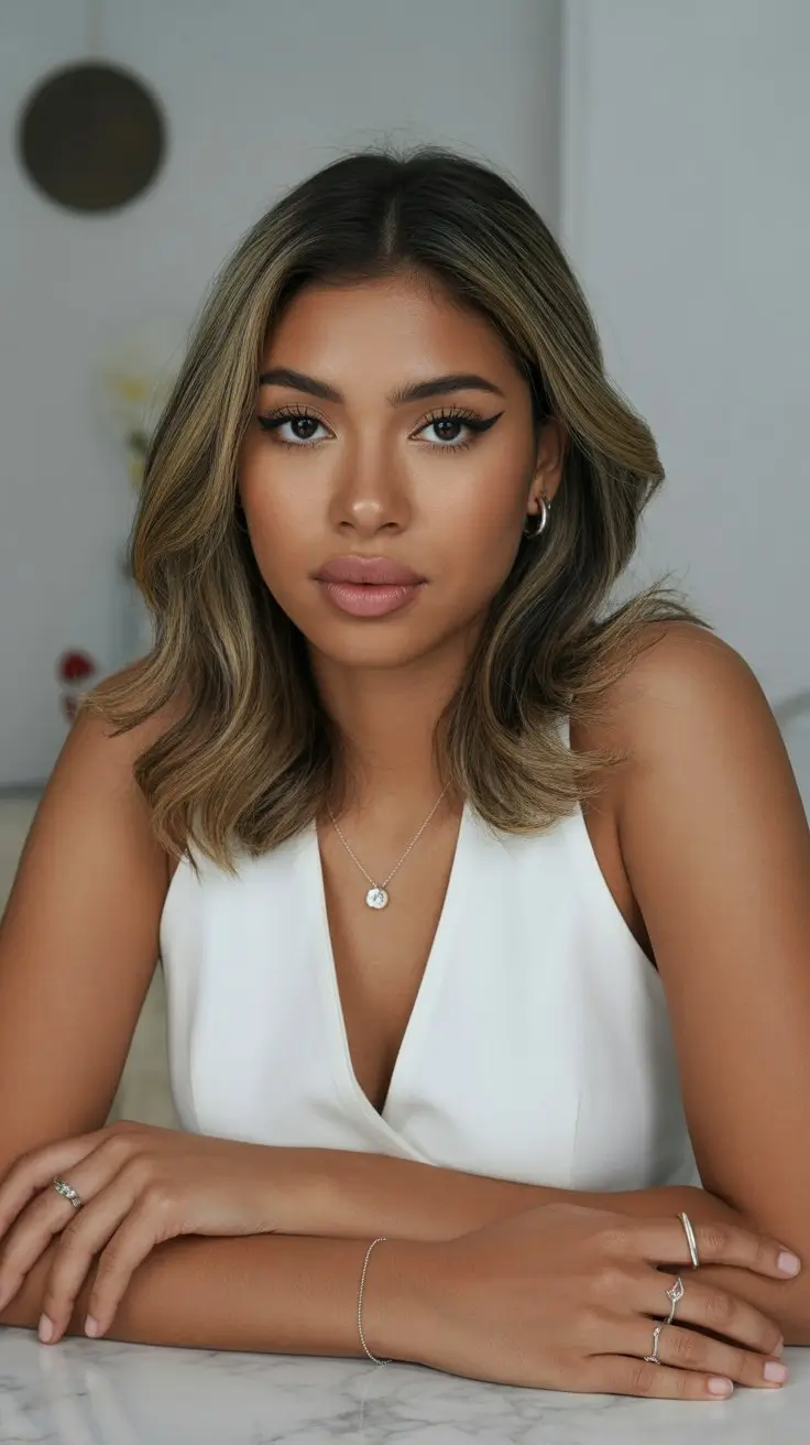 summer hair color for brown skin women 2026 Dimensional brunette lob with subtle lift