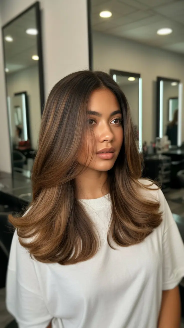 summer hair color for brown skin women 2026 Classic chocolate layers with a silky blowout