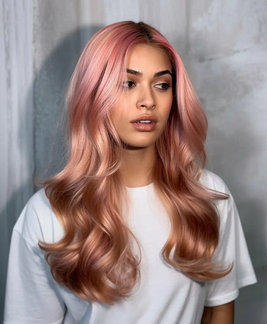 summer hair color for brown skin women 2026 Rosy peach blend with a soft glossy finish