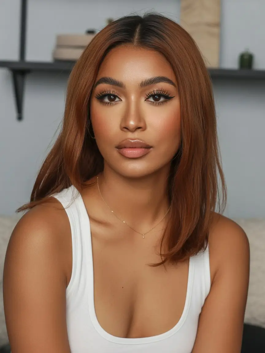 summer hair color for brown skin women 2026 Rich copper sleek bob with a luminous tone