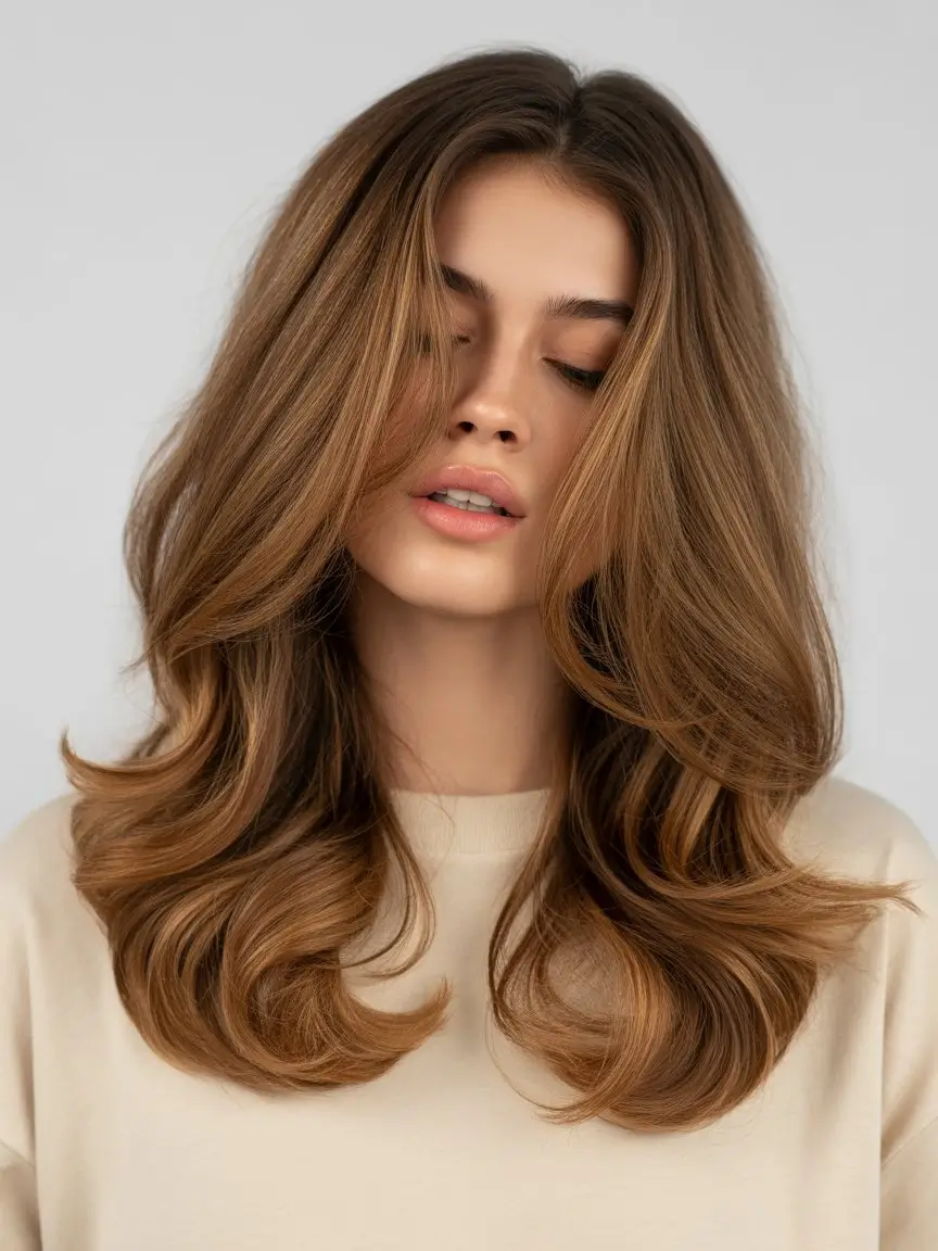 summer hair color for brown skin women 2026 Warm caramel volume with a natural bounce