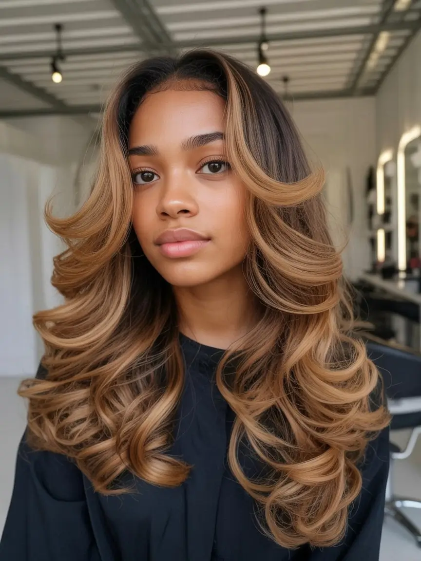 summer hair color for brown skin women 2026 Soft honey ribbons with voluminous layers