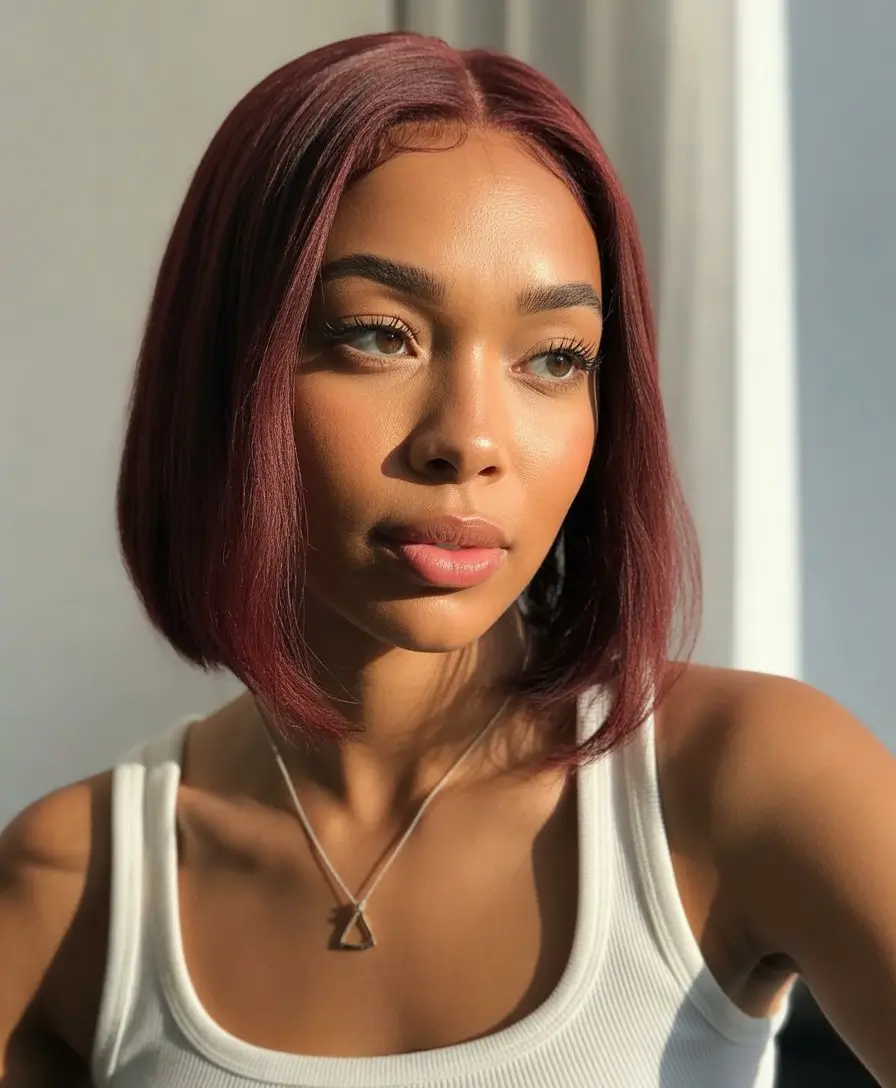 summer hair color for dark skin women 2026 Deep red bob that feels bold but refined