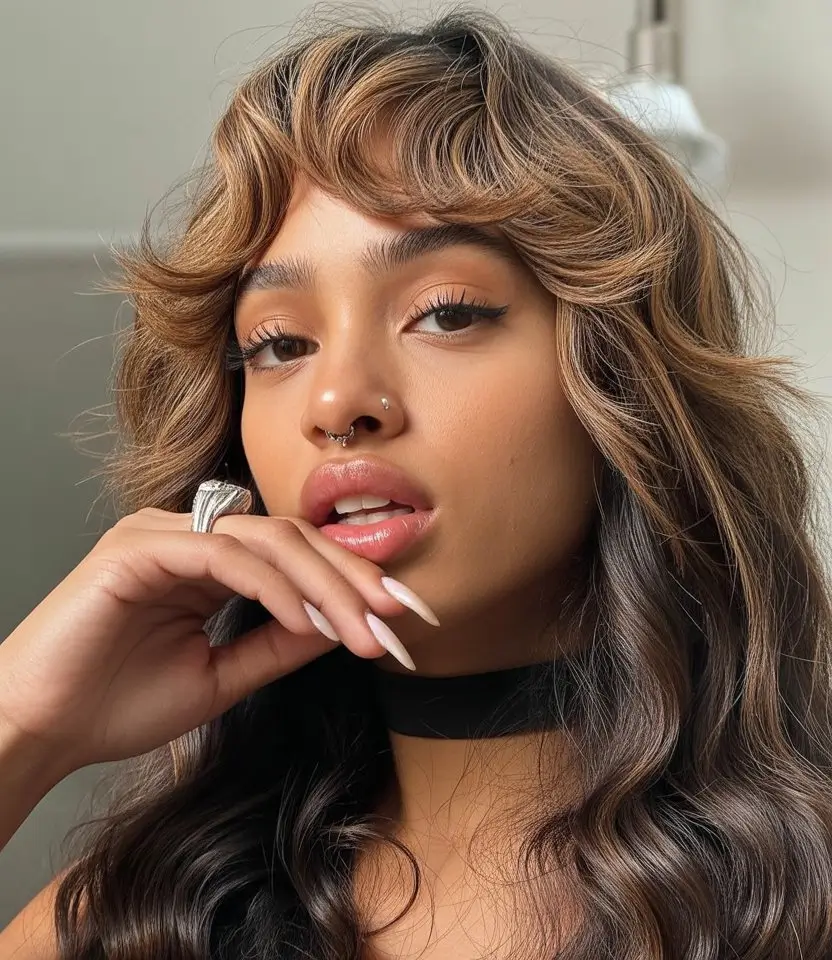 summer hair color for dark skin women 2026 Layered brunette with soft blonde fringe that frames the face